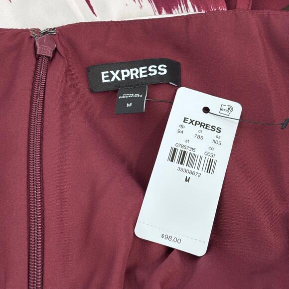Express Dress Medium Burgundy Midi Satin Wrap Ikat Hi Lo Resort Cruise NEW $98 - Picture 11 of 13